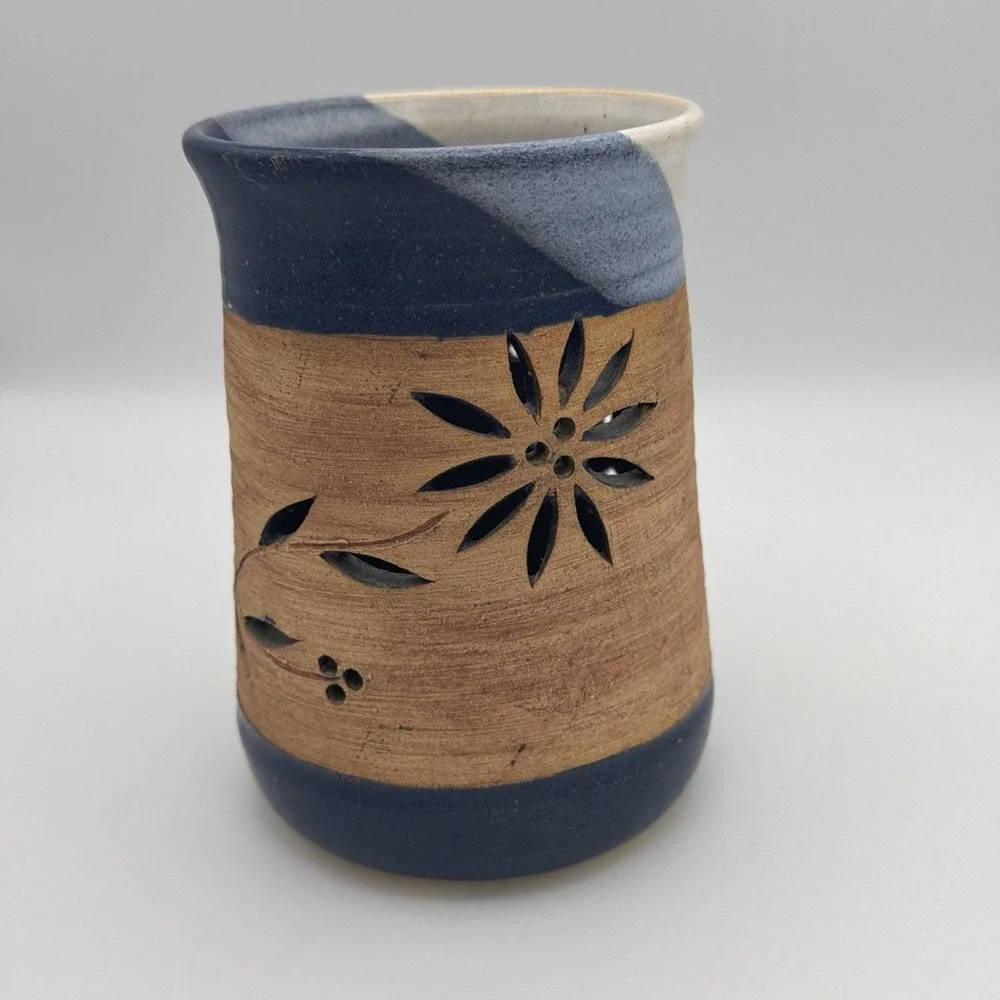 Blue Art Pottery Glazed Luminary Candle Holder Cut Out Floral 5.5